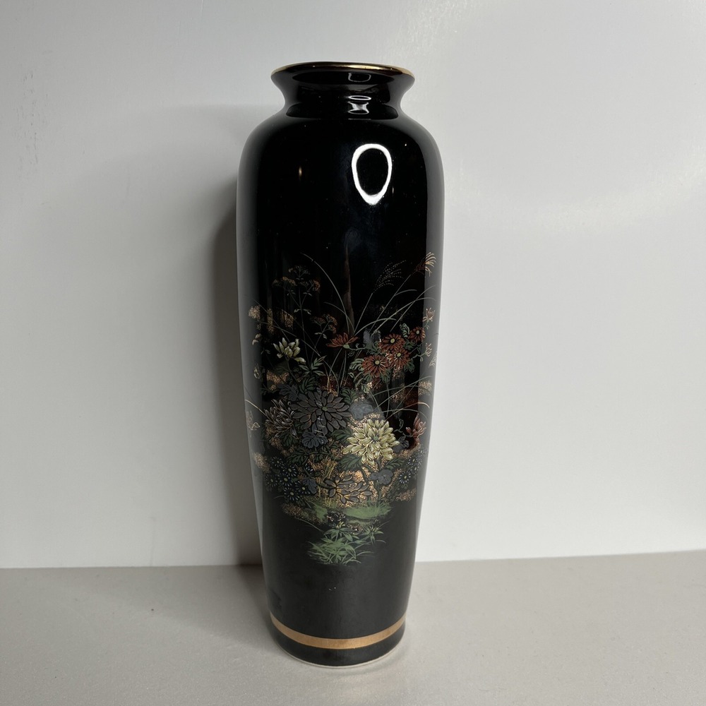 Vintage Sato Gordon JAPAN VASE with Flowers Gold Black Red 10"